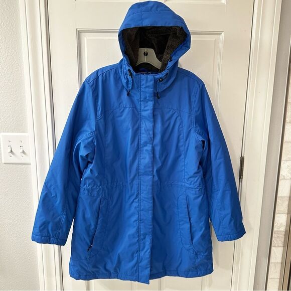 LL Bean Blue Hooded Jacket Winter Warmer Coat Women Large PET Full Zip, Lined - Picture 1 of 8